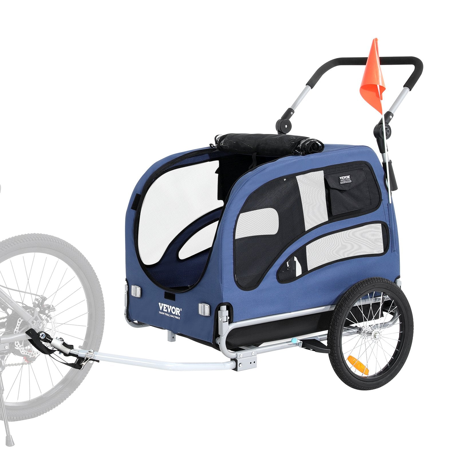 VEVOR Suņu velosipēdu piekabe, līdz 45 kg, 2-in-1 mājdzīvnieku rati, viegli salokāms rāmis ar ātri noņemamiem riteņiem, universāls velosipēdu piestiprinātājs, atstarojošie elementi, karogs, zila/melna