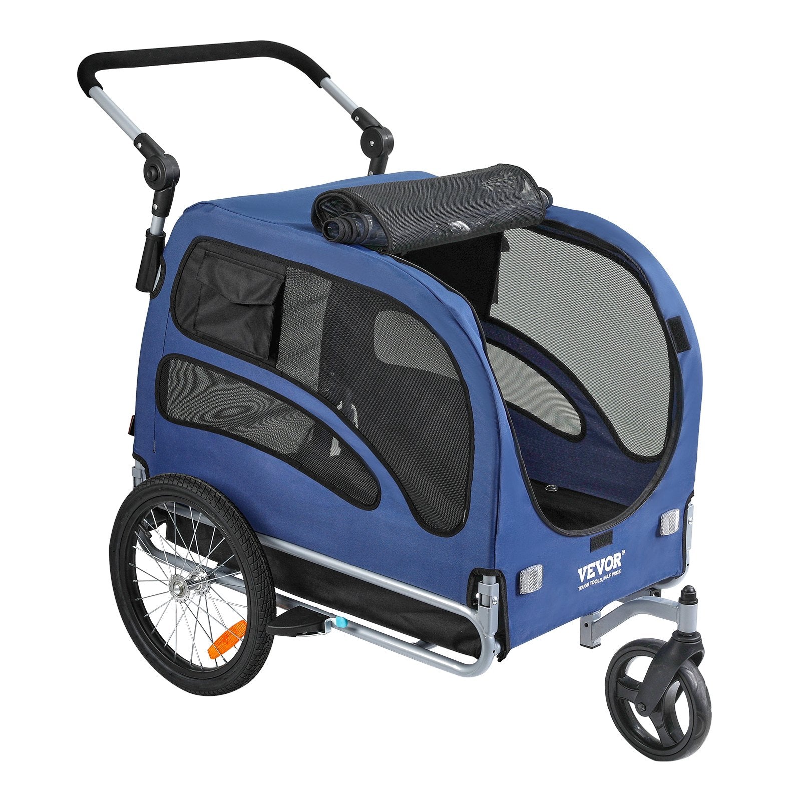 VEVOR Suņu velosipēdu piekabe, līdz 45 kg, 2-in-1 mājdzīvnieku rati, viegli salokāms rāmis ar ātri noņemamiem riteņiem, universāls velosipēdu piestiprinātājs, atstarojošie elementi, karogs, zila/melna