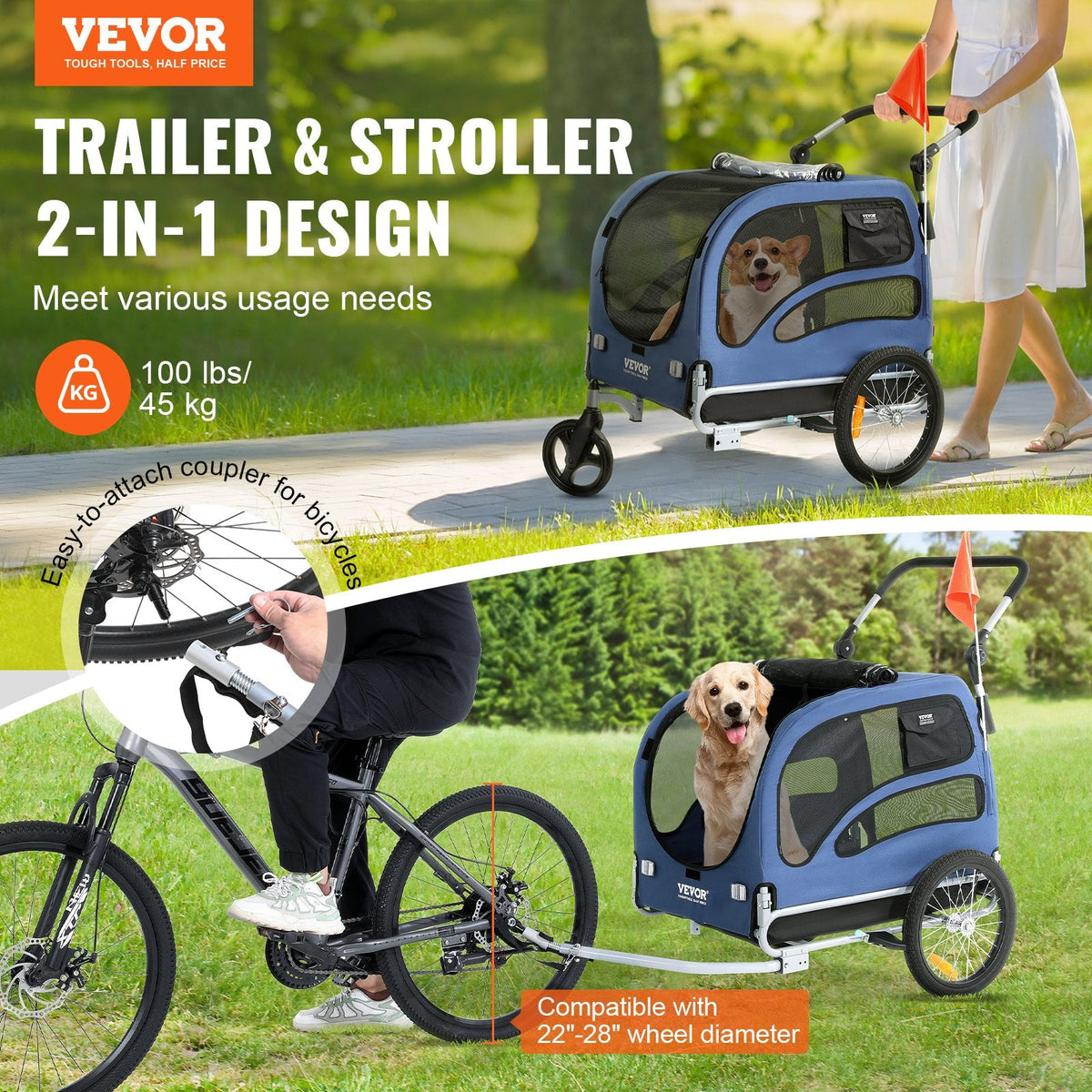 VEVOR Suņu velosipēdu piekabe, līdz 45 kg, 2-in-1 mājdzīvnieku rati, viegli salokāms rāmis ar ātri noņemamiem riteņiem, universāls velosipēdu piestiprinātājs, atstarojošie elementi, karogs, zila/melna