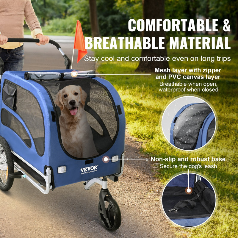 VEVOR Suņu velosipēdu piekabe, līdz 45 kg, 2-in-1 mājdzīvnieku rati, viegli salokāms rāmis ar ātri noņemamiem riteņiem, universāls velosipēdu piestiprinātājs, atstarojošie elementi, karogs, zila/melna