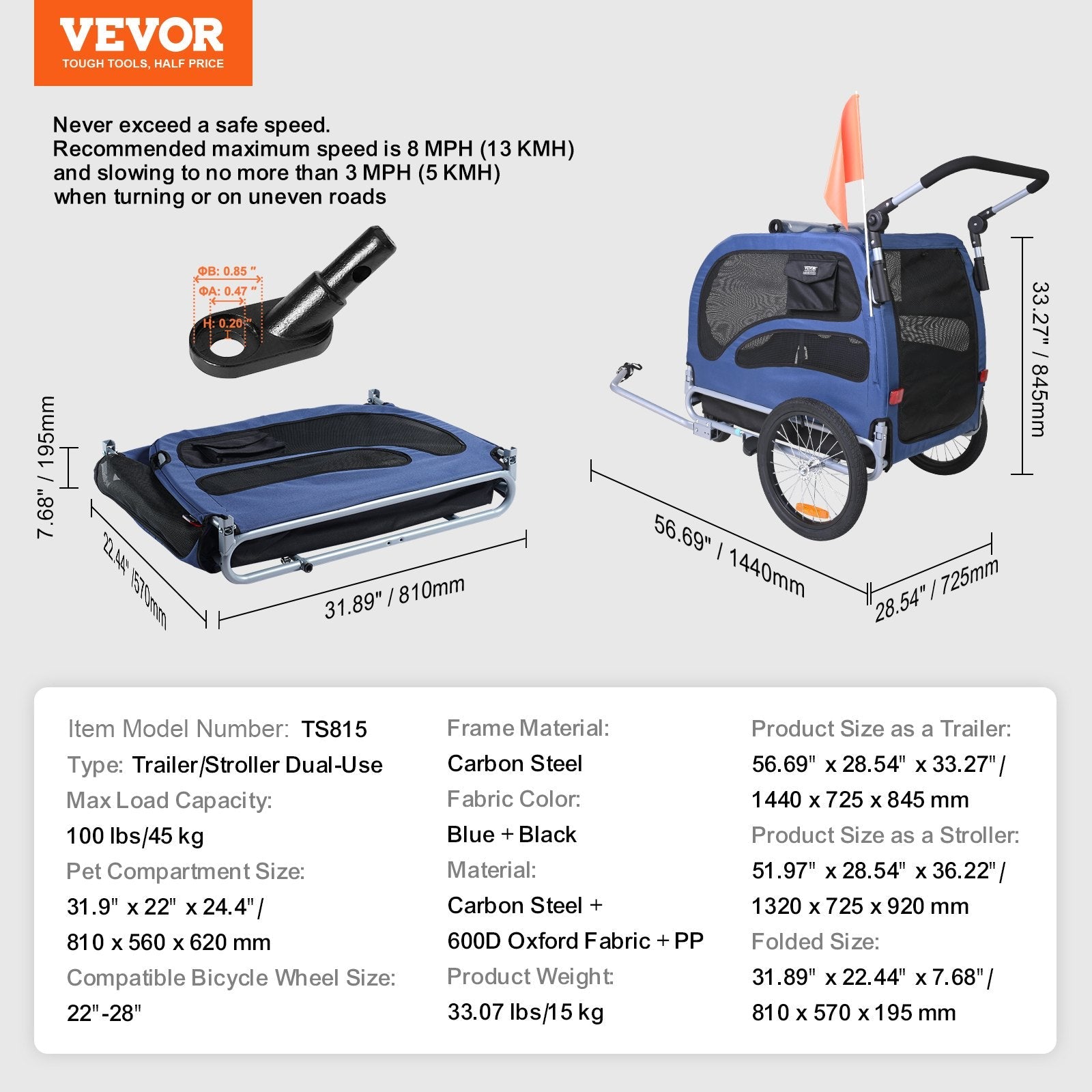 VEVOR Suņu velosipēdu piekabe, līdz 45 kg, 2-in-1 mājdzīvnieku rati, viegli salokāms rāmis ar ātri noņemamiem riteņiem, universāls velosipēdu piestiprinātājs, atstarojošie elementi, karogs, zila/melna