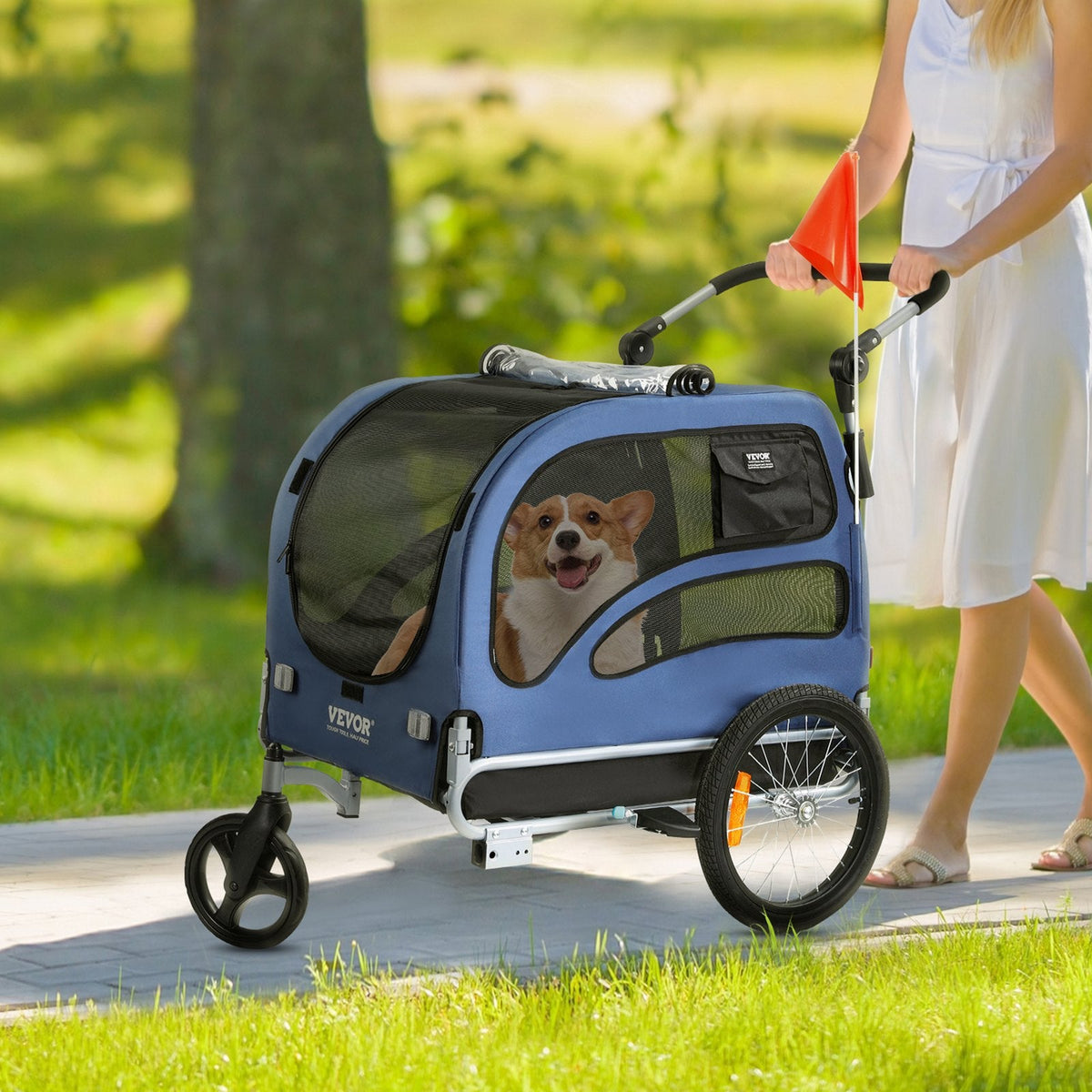 VEVOR Suņu velosipēdu piekabe, līdz 45 kg, 2-in-1 mājdzīvnieku rati, viegli salokāms rāmis ar ātri noņemamiem riteņiem, universāls velosipēdu piestiprinātājs, atstarojošie elementi, karogs, zila/melna