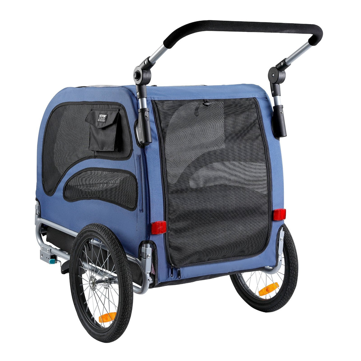 VEVOR Suņu velosipēdu piekabe, līdz 45 kg, 2-in-1 mājdzīvnieku rati, viegli salokāms rāmis ar ātri noņemamiem riteņiem, universāls velosipēdu piestiprinātājs, atstarojošie elementi, karogs, zila/melna