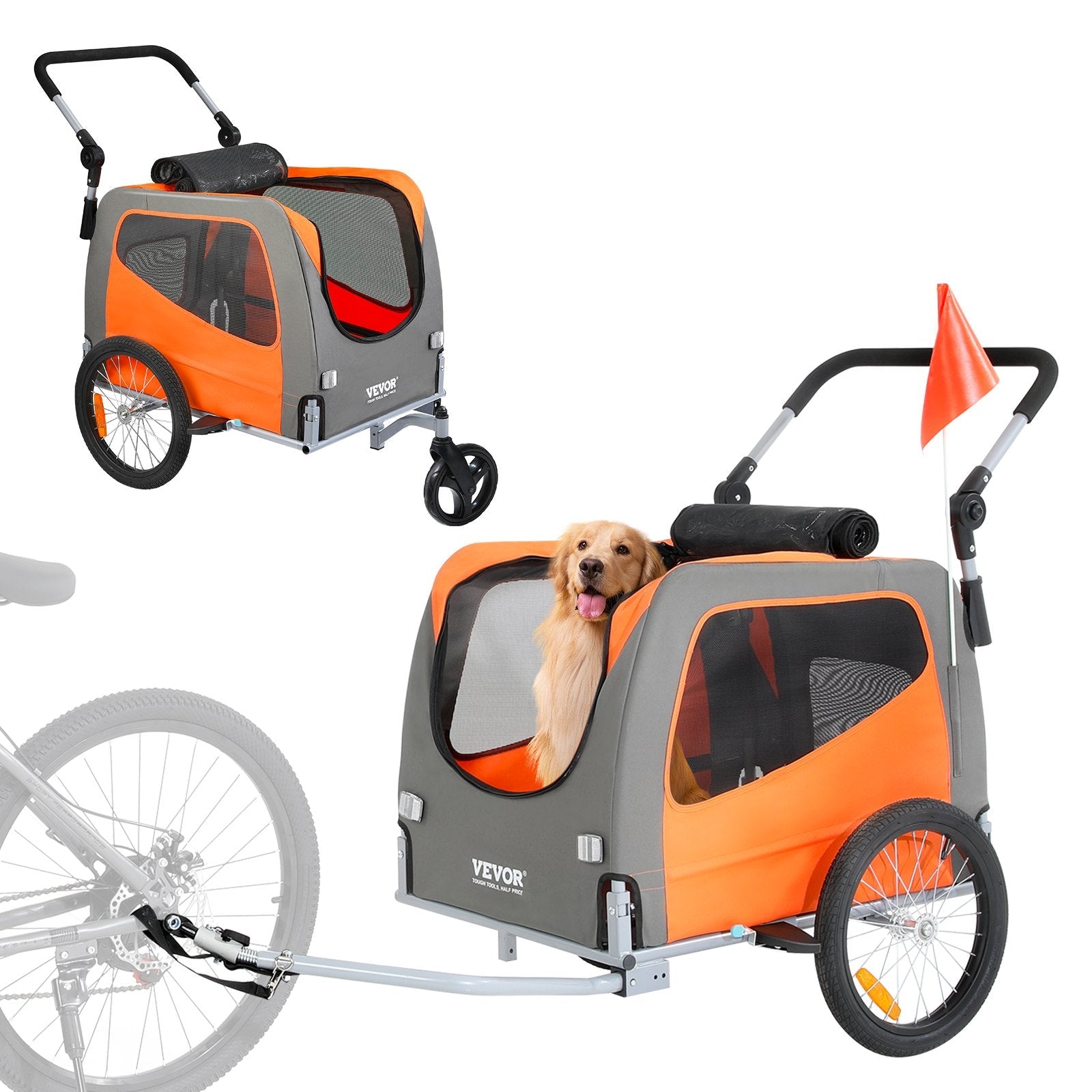 VEVOR Suņu velosipēda piekabe, līdz 30 kg, 2-in-1 rati, salokāms rāmis ar ātru atbrīvošanu, universāls velosipēda savienotājs, atstarojošie elementi, karogs