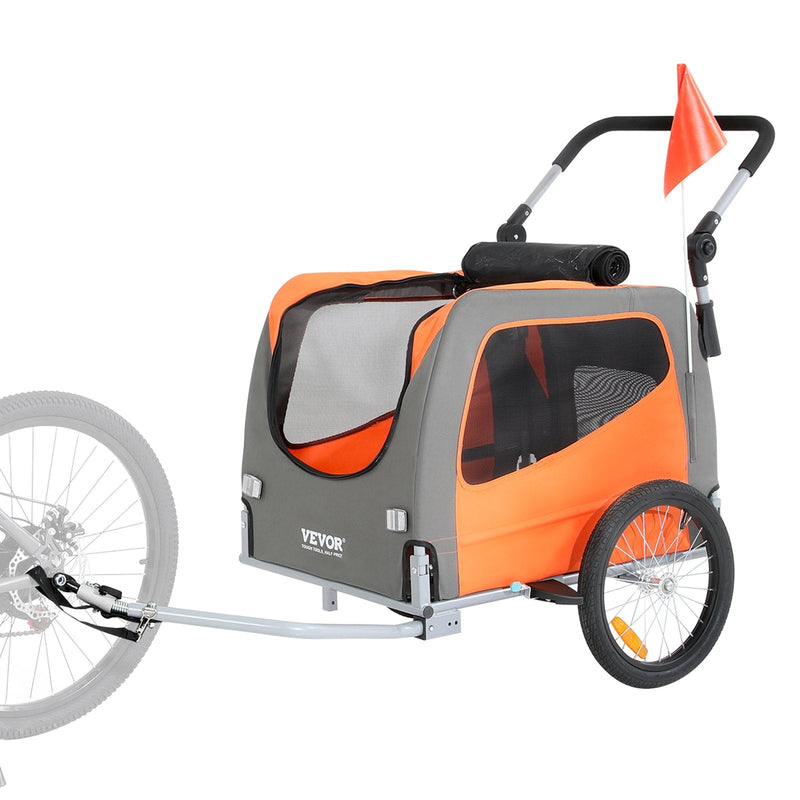 VEVOR Suņu velosipēda piekabe, līdz 30 kg, 2-in-1 rati, salokāms rāmis ar ātru atbrīvošanu, universāls velosipēda savienotājs, atstarojošie elementi, karogs