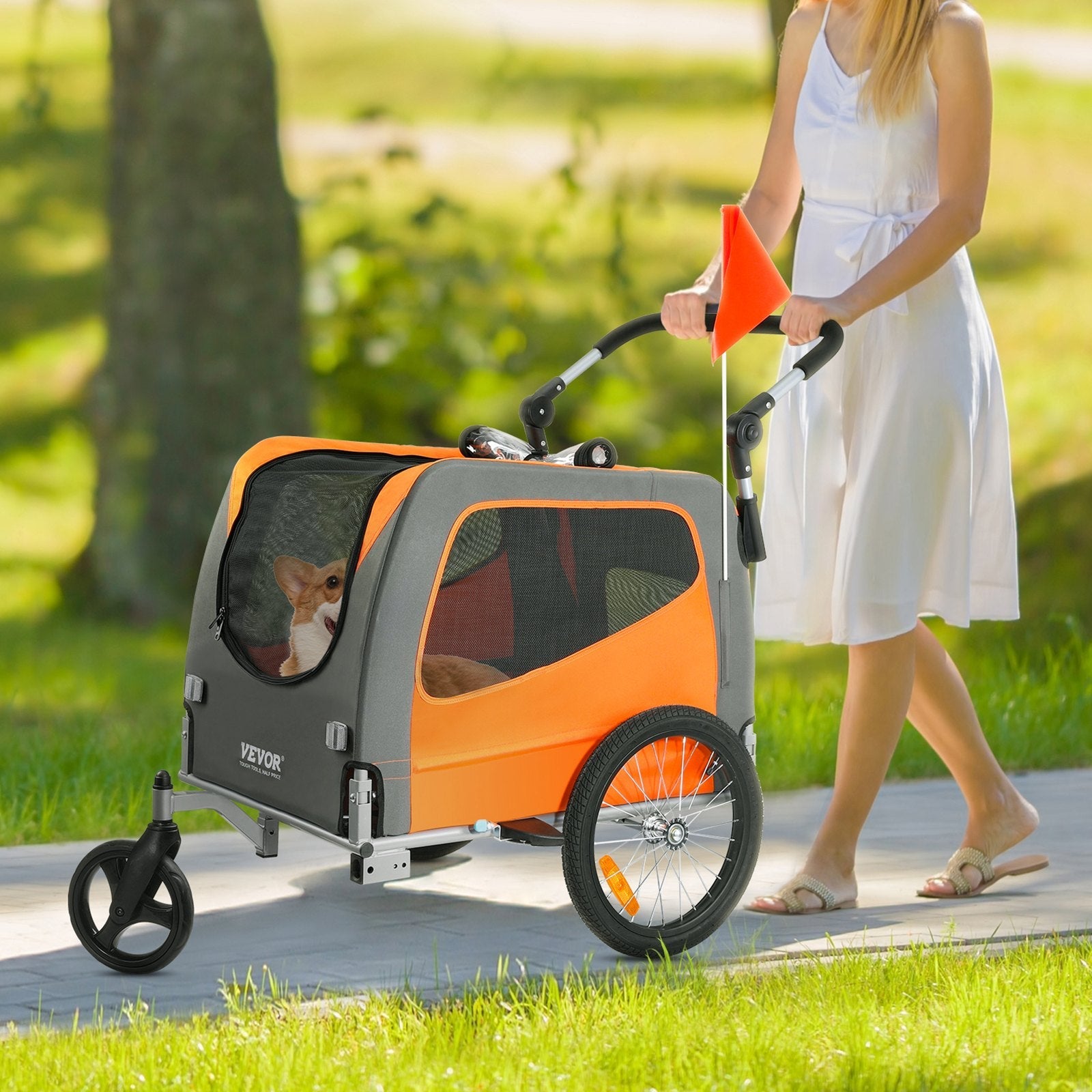 VEVOR Suņu velosipēda piekabe, līdz 30 kg, 2-in-1 rati, salokāms rāmis ar ātru atbrīvošanu, universāls velosipēda savienotājs, atstarojošie elementi, karogs