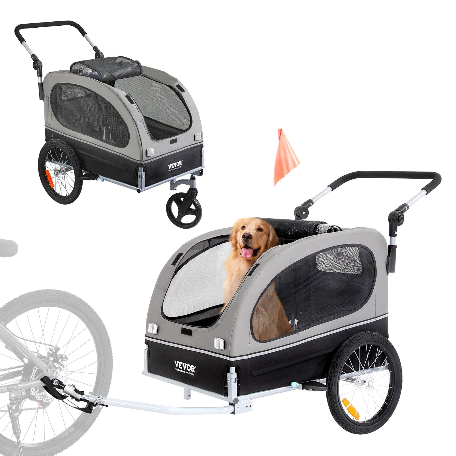 VEVOR suņu velosipēdu piekabe, līdz 40 kg, 2-in-1 skriešanas rati, salokāms rāmis ar ātri noņemamiem riteņiem, universāls velosipēda piestiprinātājs, atstarojošie elementi, karogs, melns/pelēks