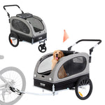 VEVOR suņu velosipēdu piekabe, līdz 40 kg, 2-in-1 skriešanas rati, salokāms rāmis ar ātri noņemamiem riteņiem, universāls velosipēda piestiprinātājs, atstarojošie elementi, karogs, melns/pelēks