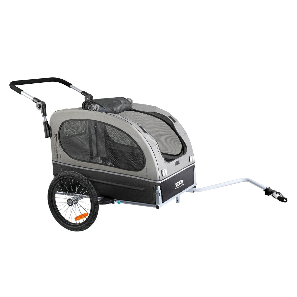 VEVOR suņu velosipēdu piekabe, līdz 40 kg, 2-in-1 skriešanas rati, salokāms rāmis ar ātri noņemamiem riteņiem, universāls velosipēda piestiprinātājs, atstarojošie elementi, karogs, melns/pelēks