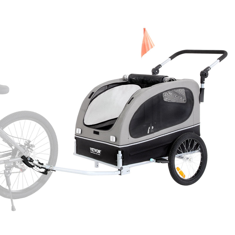 VEVOR suņu velosipēdu piekabe, līdz 40 kg, 2-in-1 skriešanas rati, salokāms rāmis ar ātri noņemamiem riteņiem, universāls velosipēda piestiprinātājs, atstarojošie elementi, karogs, melns/pelēks