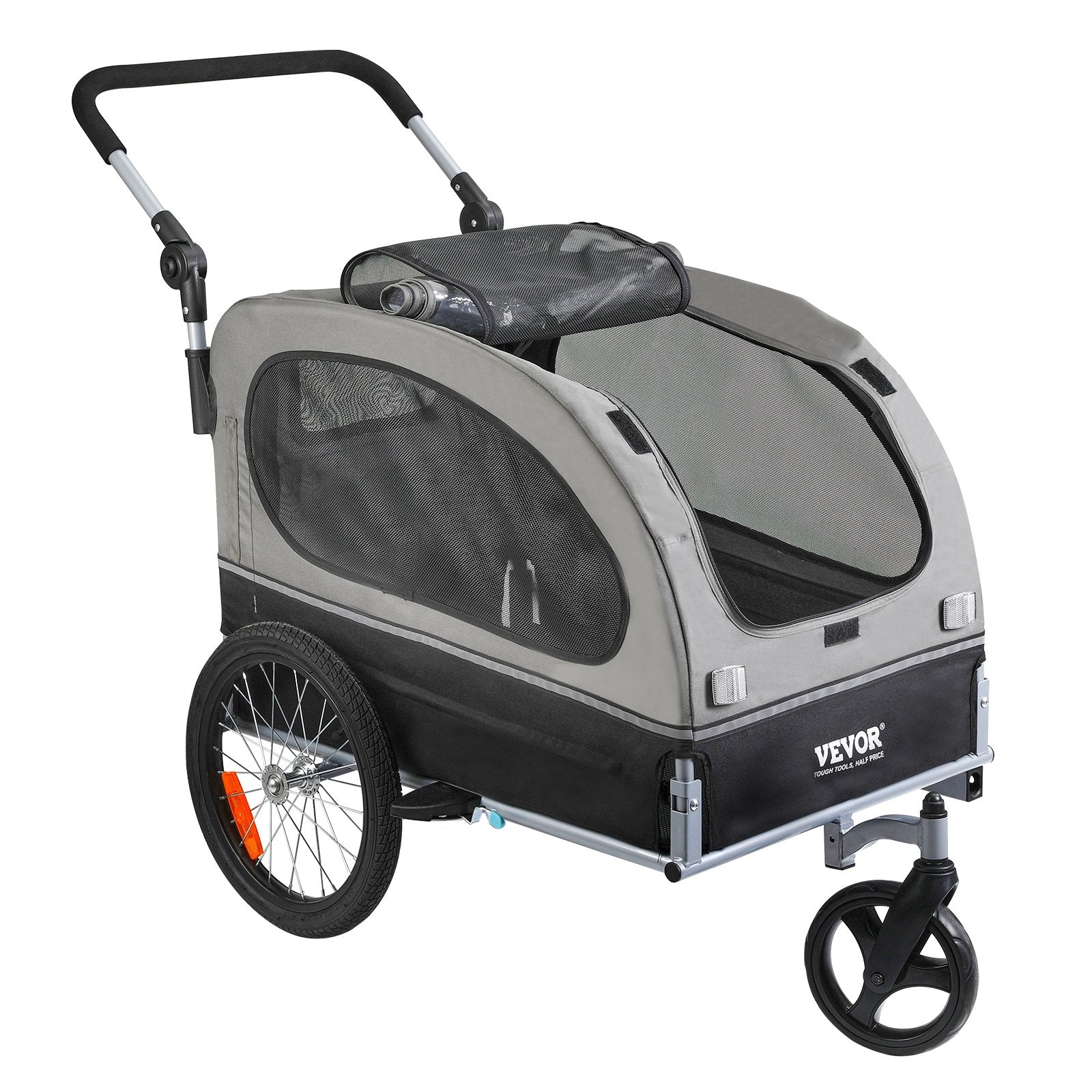 VEVOR suņu velosipēdu piekabe, līdz 40 kg, 2-in-1 skriešanas rati, salokāms rāmis ar ātri noņemamiem riteņiem, universāls velosipēda piestiprinātājs, atstarojošie elementi, karogs, melns/pelēks