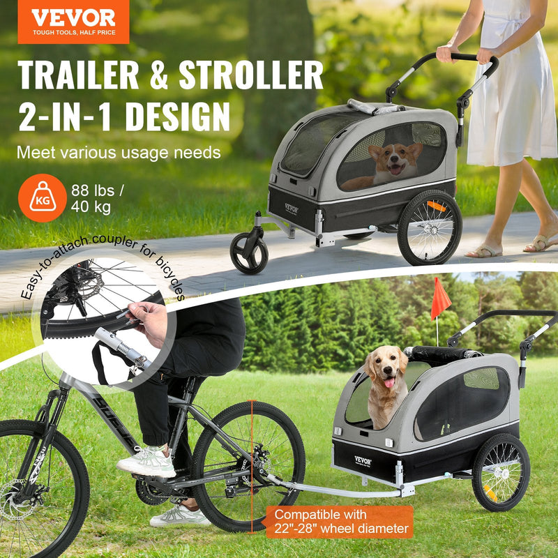 VEVOR suņu velosipēdu piekabe, līdz 40 kg, 2-in-1 skriešanas rati, salokāms rāmis ar ātri noņemamiem riteņiem, universāls velosipēda piestiprinātājs, atstarojošie elementi, karogs, melns/pelēks