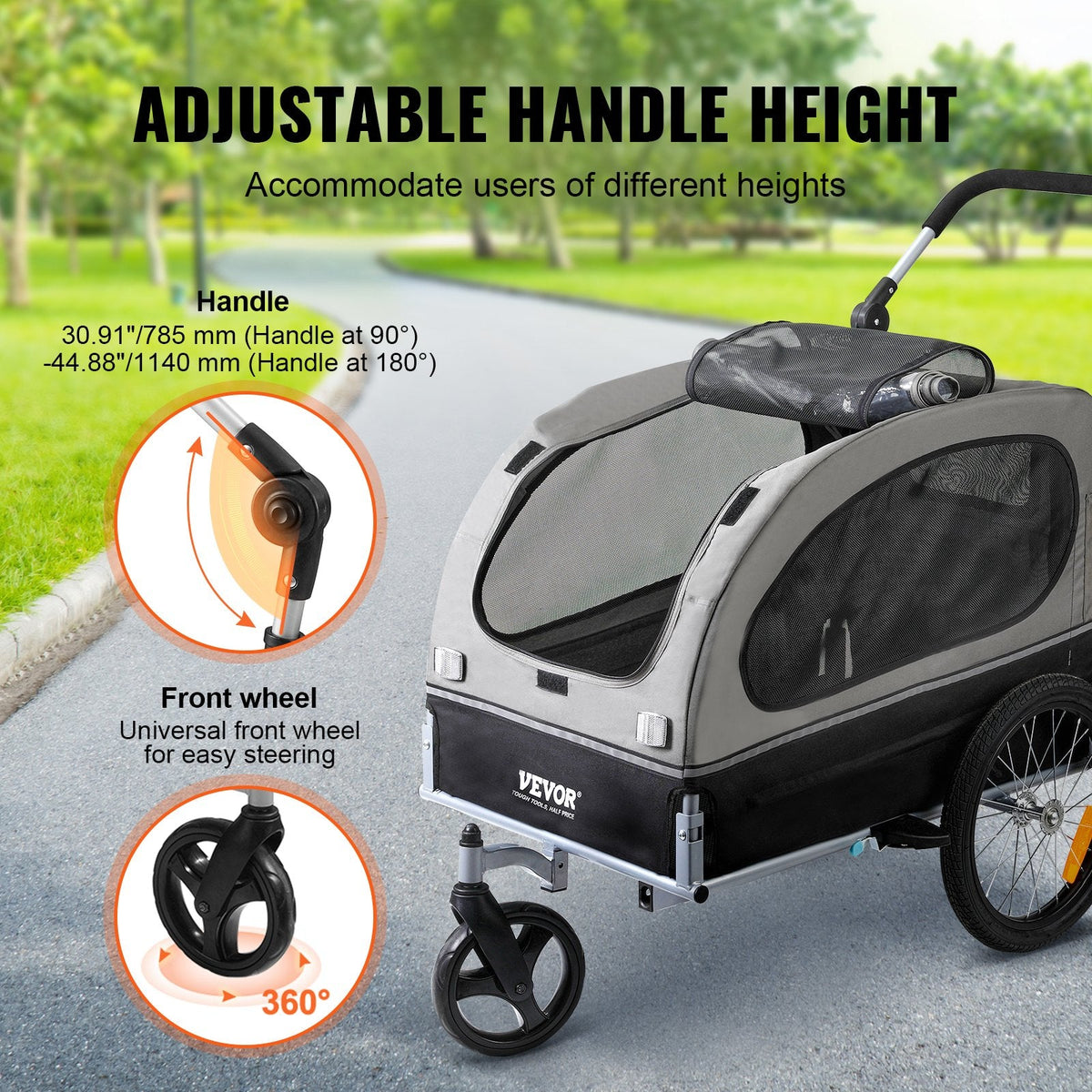 VEVOR suņu velosipēdu piekabe, līdz 40 kg, 2-in-1 skriešanas rati, salokāms rāmis ar ātri noņemamiem riteņiem, universāls velosipēda piestiprinātājs, atstarojošie elementi, karogs, melns/pelēks