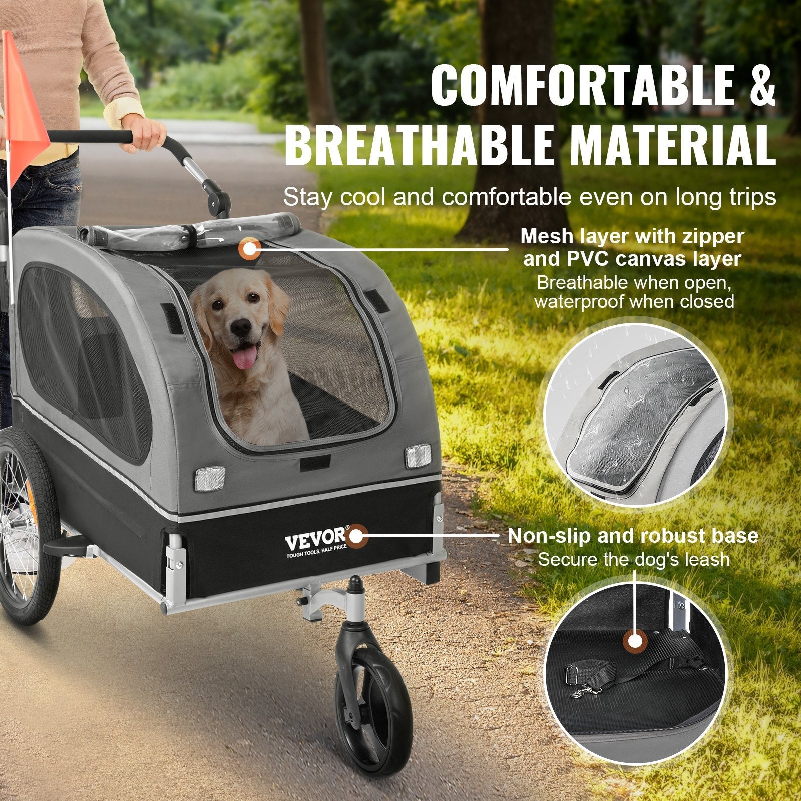 VEVOR suņu velosipēdu piekabe, līdz 40 kg, 2-in-1 skriešanas rati, salokāms rāmis ar ātri noņemamiem riteņiem, universāls velosipēda piestiprinātājs, atstarojošie elementi, karogs, melns/pelēks