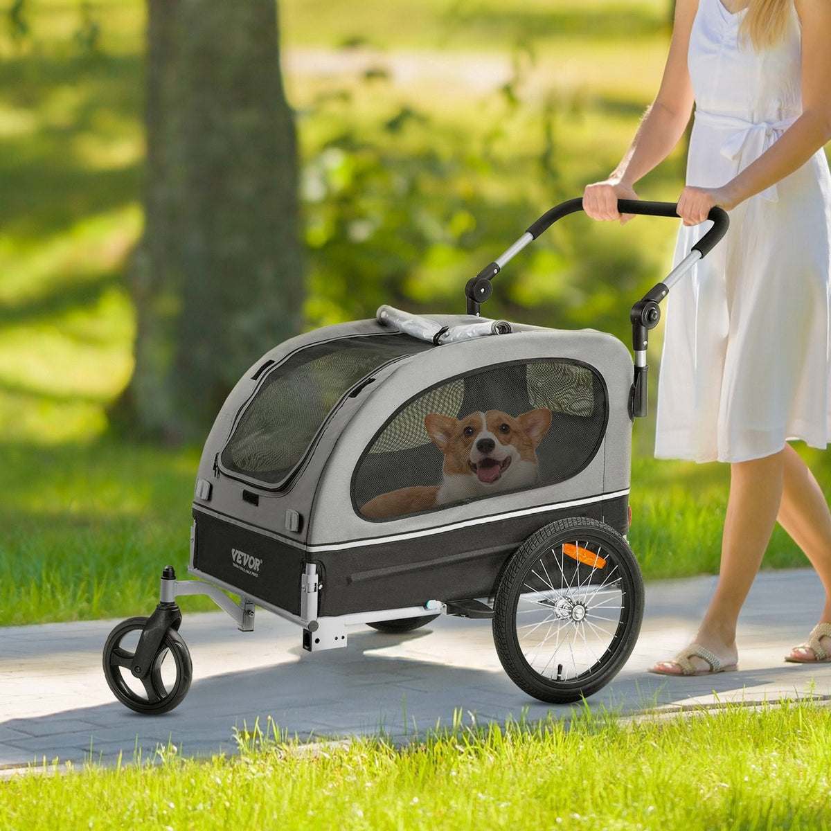 VEVOR suņu velosipēdu piekabe, līdz 40 kg, 2-in-1 skriešanas rati, salokāms rāmis ar ātri noņemamiem riteņiem, universāls velosipēda piestiprinātājs, atstarojošie elementi, karogs, melns/pelēks