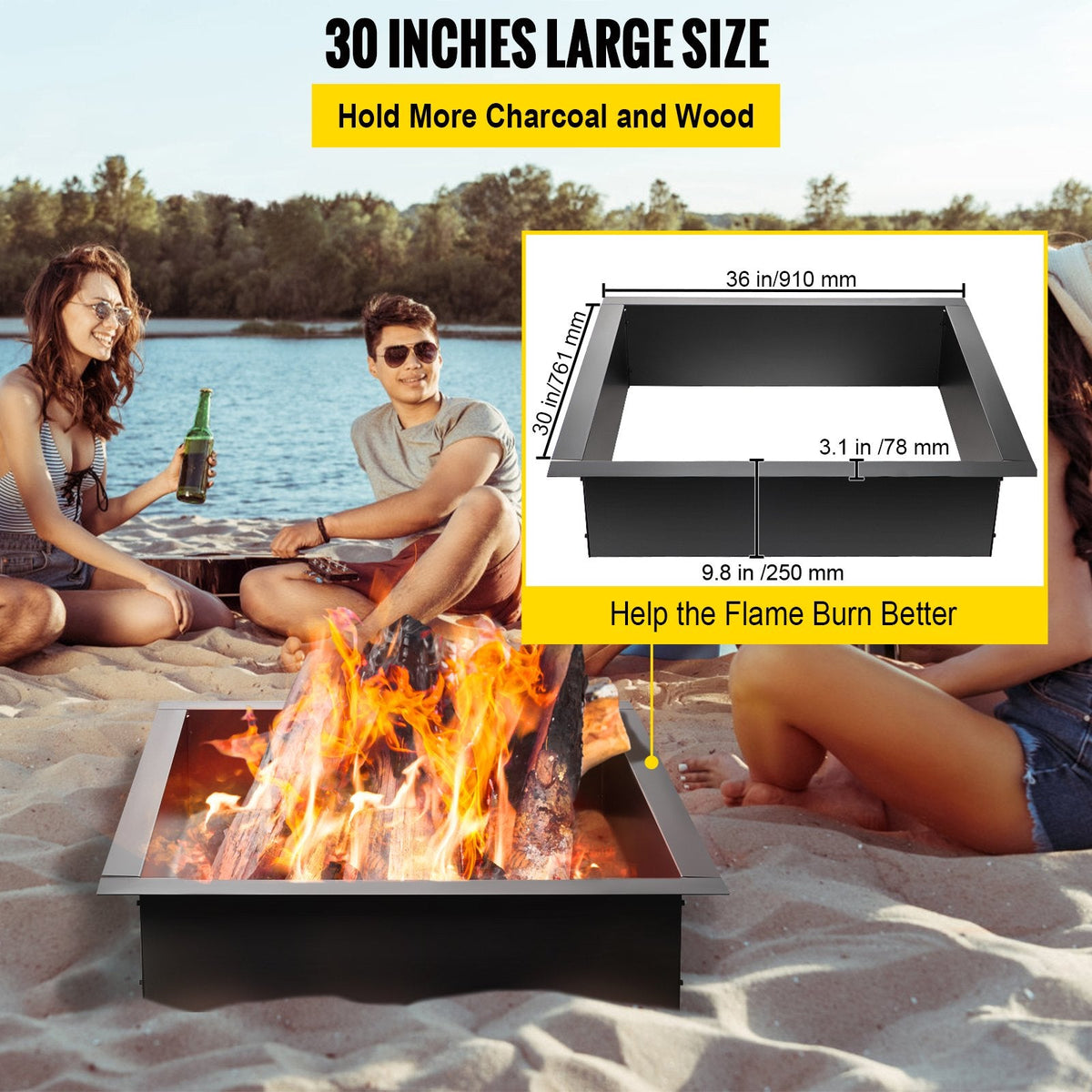 VEVOR ugunskura gredzens – 91 cm ārējais / 76 cm iekšējais tērauda ieliktnis (1,5 mm biezums) ar tvērējām – DIY zemē iebūvējams ugunskura ieliktnis dārzam, terasei un pagalmam