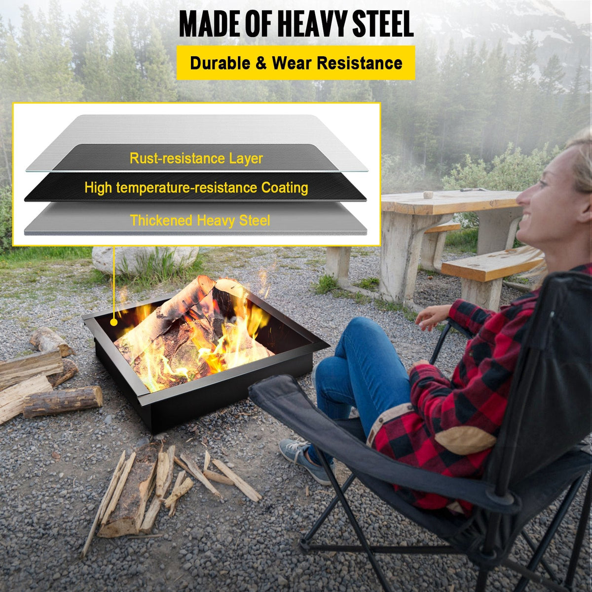VEVOR ugunskura gredzens – 91 cm ārējais / 76 cm iekšējais tērauda ieliktnis (1,5 mm biezums) ar tvērējām – DIY zemē iebūvējams ugunskura ieliktnis dārzam, terasei un pagalmam