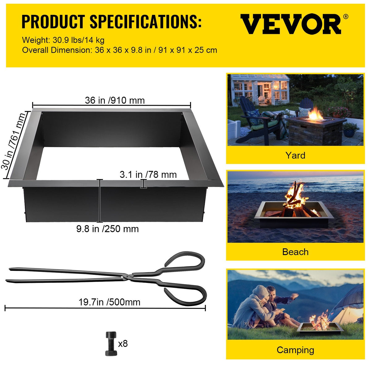 VEVOR ugunskura gredzens – 91 cm ārējais / 76 cm iekšējais tērauda ieliktnis (1,5 mm biezums) ar tvērējām – DIY zemē iebūvējams ugunskura ieliktnis dārzam, terasei un pagalmam