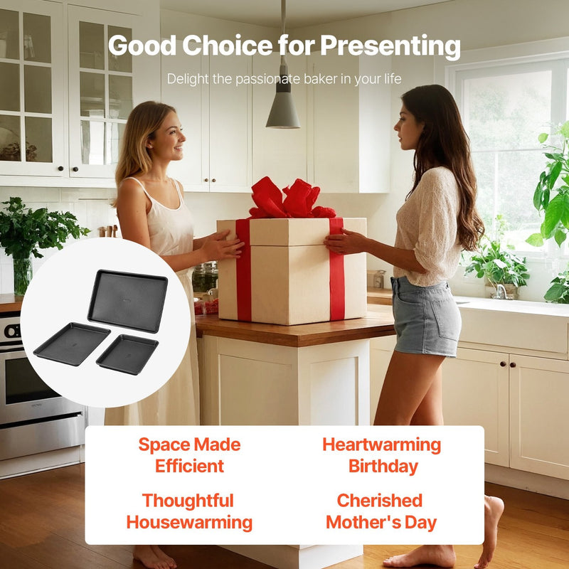 VEVOR 3-daļīgs pretpiedeguma oglekļa tērauda cepšanas pannu komplekts ar silikona rokturiem