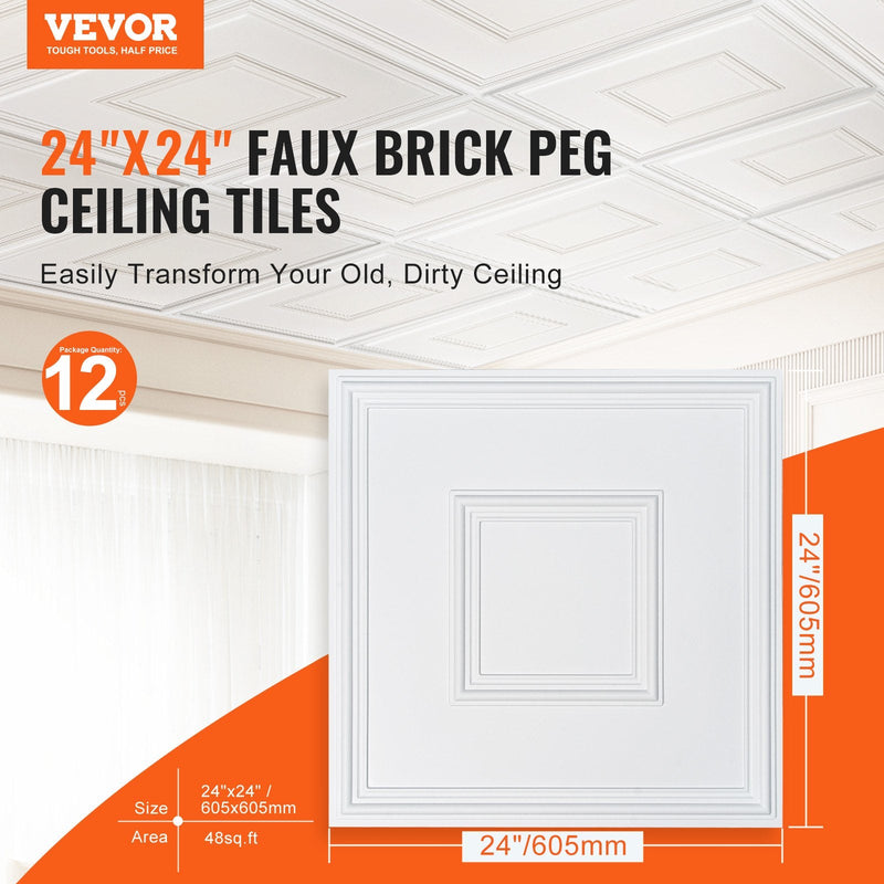 VEVOR griestu paneļi, 12 gab., 600 x 600 mm, PVC, viegli uzstādāmi, balti, ģeometriski raksti