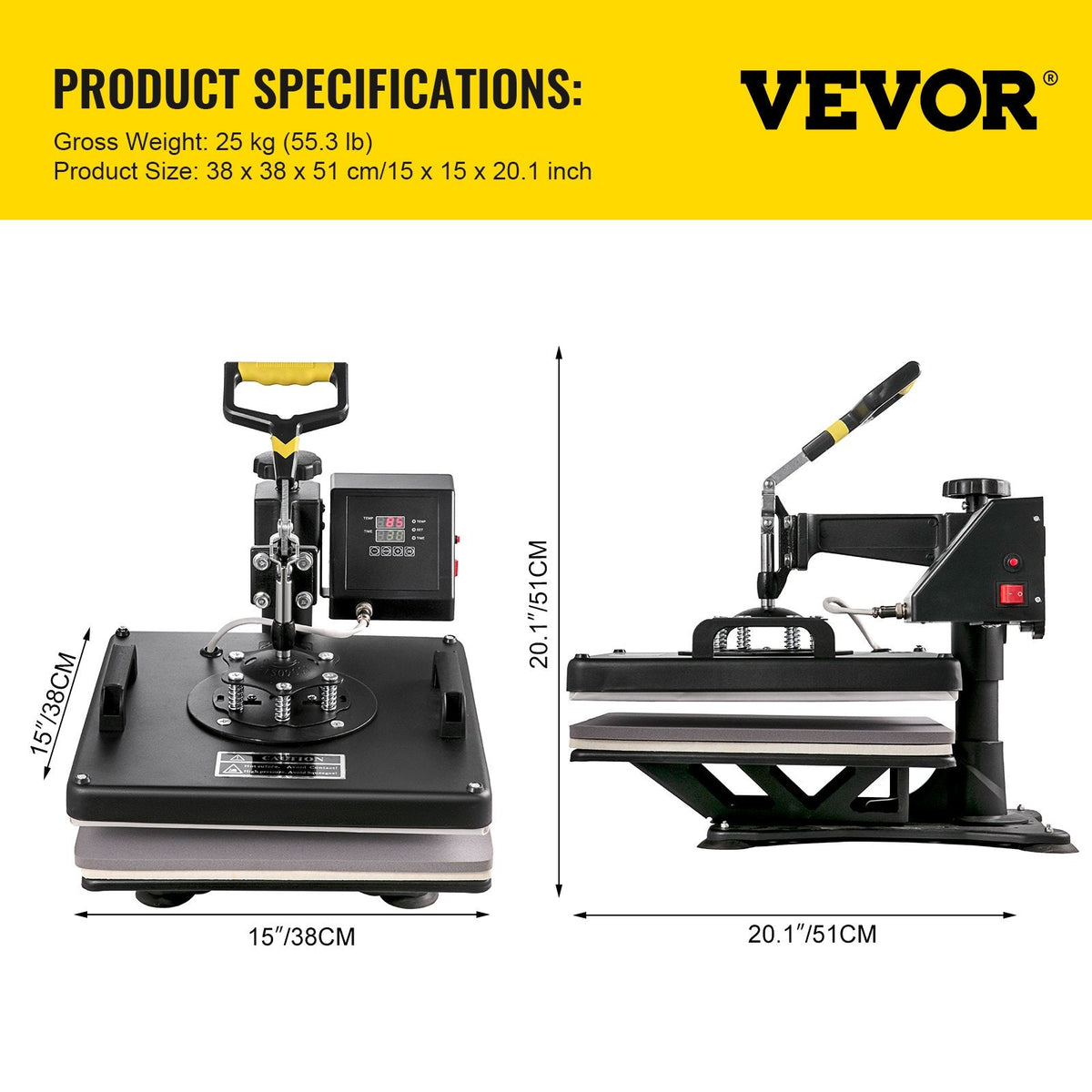 VEVOR 8-in-1 Siltuma Preses Mašīna 38x38 cm, T-kreklu, Krūžu, Cepuru un Plātņu Sublimācijas Pārnesei