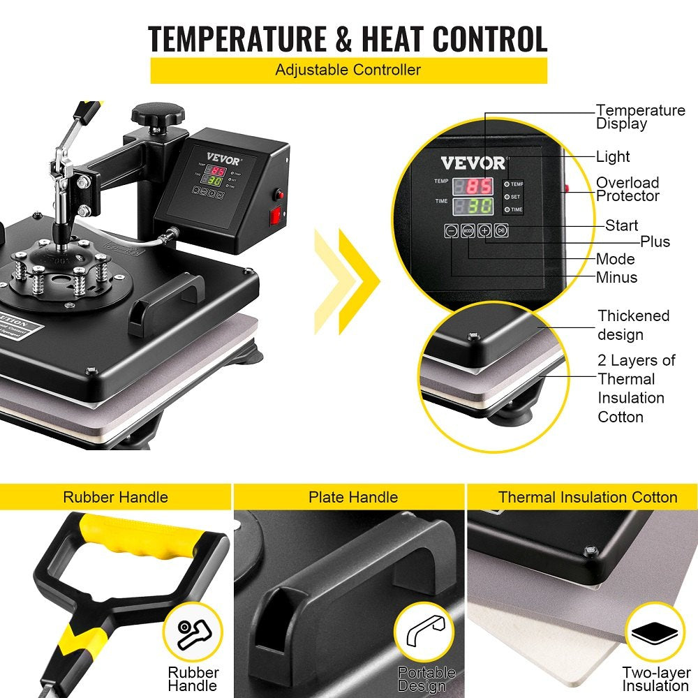 VEVOR 5-in-1 Termoprese – 38x38 cm, ar stabilu un izturīgu konstrukciju, piemērota sublimācijai un termoapdrukai uz T-krekliem, krūzēm, cepurēm, šķīvjiem un citiem priekšmetiem