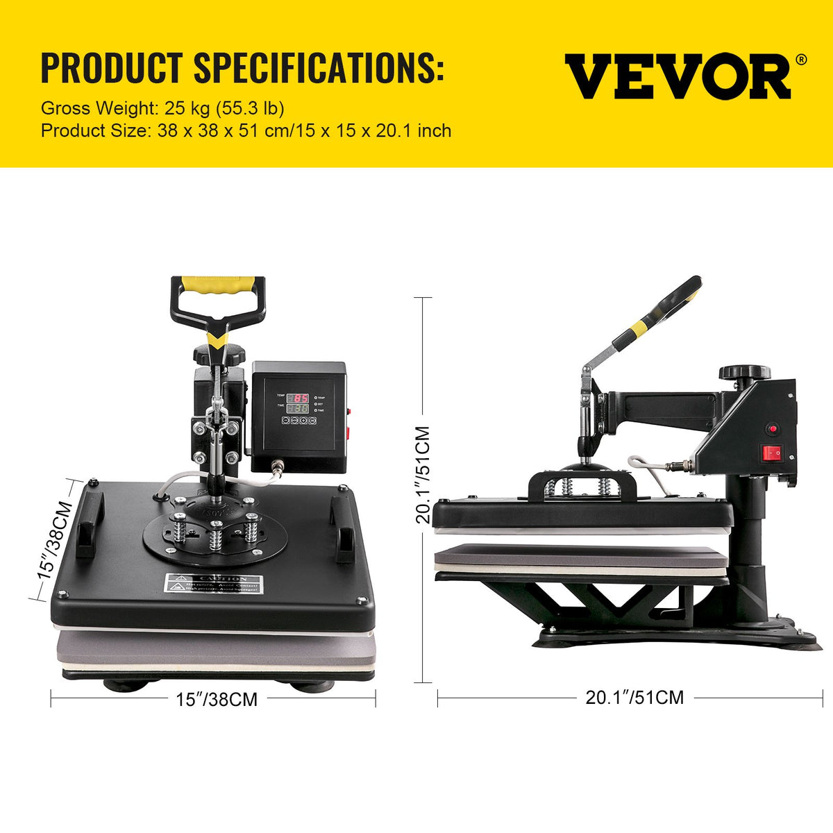 VEVOR 5-in-1 Termoprese – 38x38 cm, ar stabilu un izturīgu konstrukciju, piemērota sublimācijai un termoapdrukai uz T-krekliem, krūzēm, cepurēm, šķīvjiem un citiem priekšmetiem