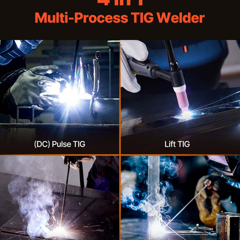 VEVOR TIG metināšanas aparāts 4-in-1 ar pulsa funkciju, MMA, Lift TIG un STICK režīmiem, IGBT invertoru un LED displeju