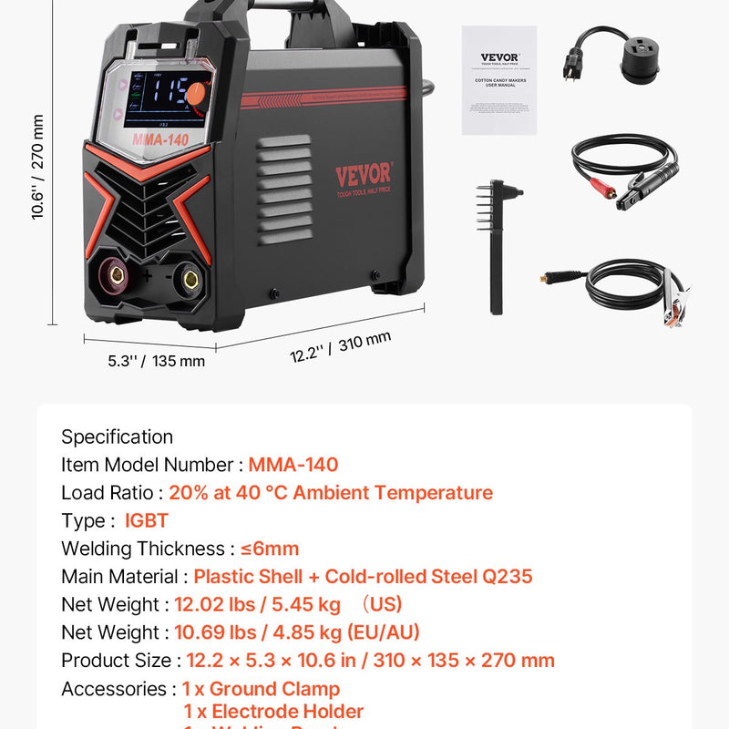 VEVOR TIG metināšanas aparāts 4-in-1 ar pulsa funkciju, MMA, Lift TIG un STICK režīmiem, IGBT invertoru un LED displeju