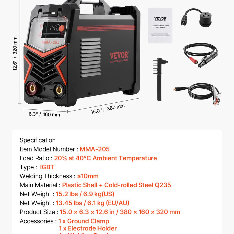 VEVOR TIG сварочный аппарат 2-в-1 с функцией подъема, сварка электродами MMA, технология IGBT, горячий старт и светодиодный дисплей