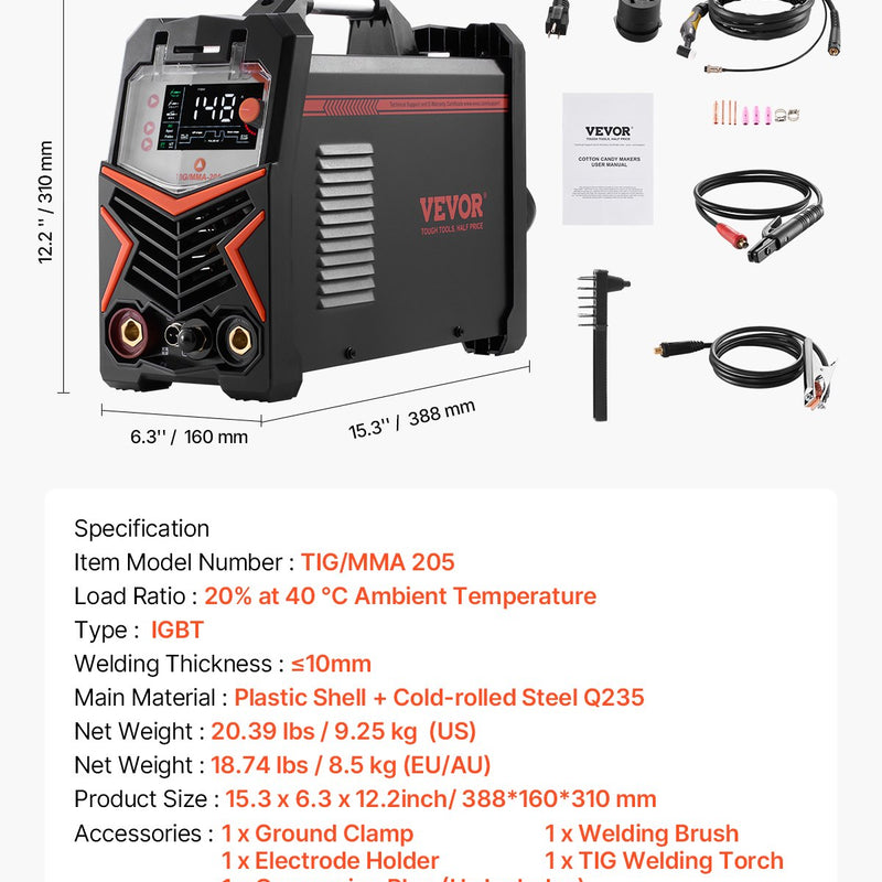 VEVOR TIG-keevitaja 3-in-1 impulssfunktsiooniga, MMA (elektroodi) režiimiga, IGBT-inverteriga ja LED-ekraaniga.