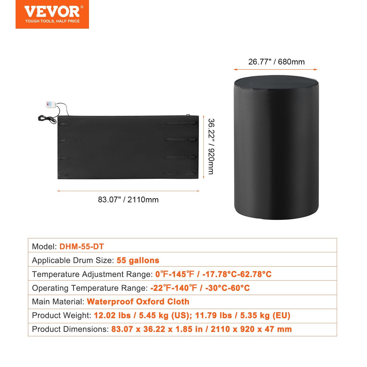 VEVOR 208,2 L 1300W metāla bungveida sildītājs -18–63℃, regulējams ar neatkarīgu termostatu