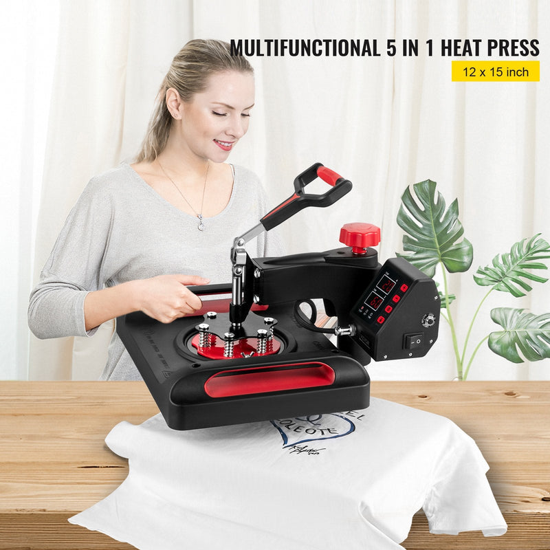 VEVOR 5-in-1 Siltuma prese 30x38 cm, 1000W, 360° rotācija, svārsta veids, sublimācijas mašīna T-kreklu un krūžu drukāšanai, divu cauruļu sildīšana