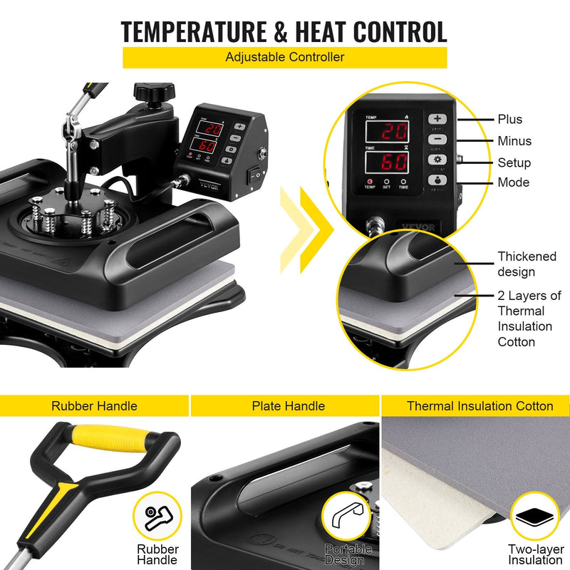VEVOR 5-in-1 termoprese 30 x 38 cm ar 360° rotējošu svārsta funkciju, 1000W sublimācijas mašīna, piemērota T-krekliem, krūzēm, cepurēm un citiem izstrādājumiem