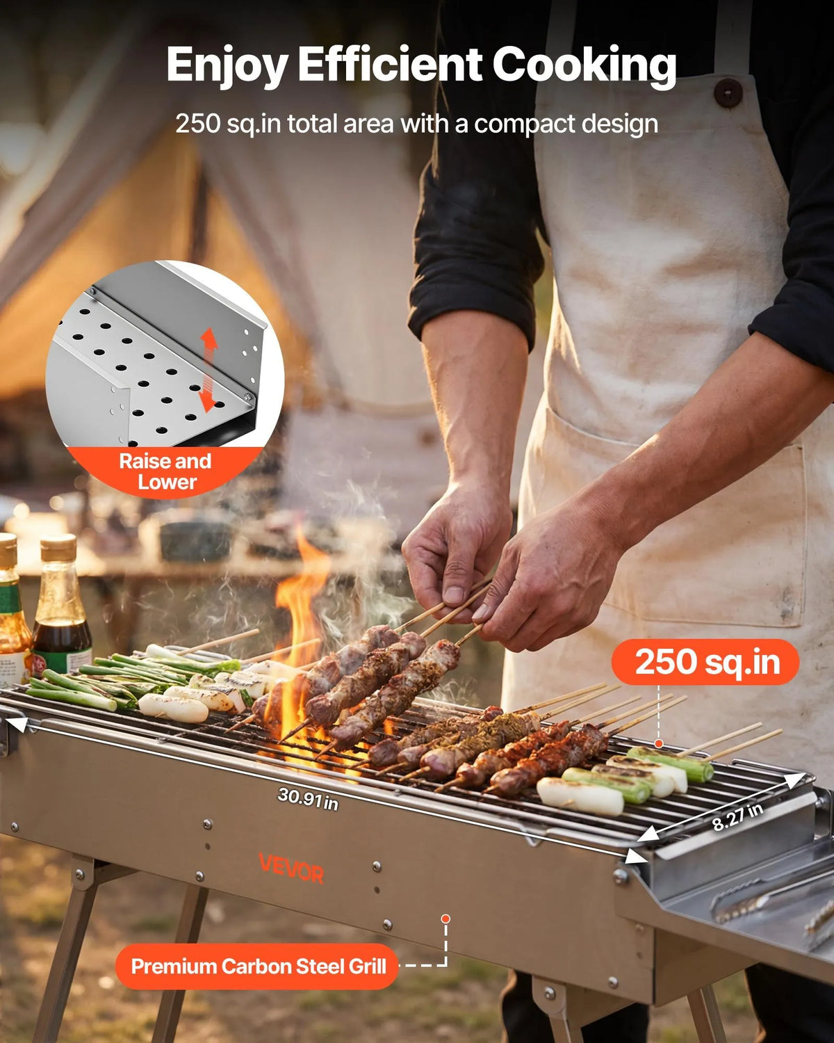 VEVOR Foldable Charcoal Grill, 0.16 m², with a Removable Charcoal Tray and Side Tables; Stainless Steel BBQ Grill for Camping and Outdoor Events