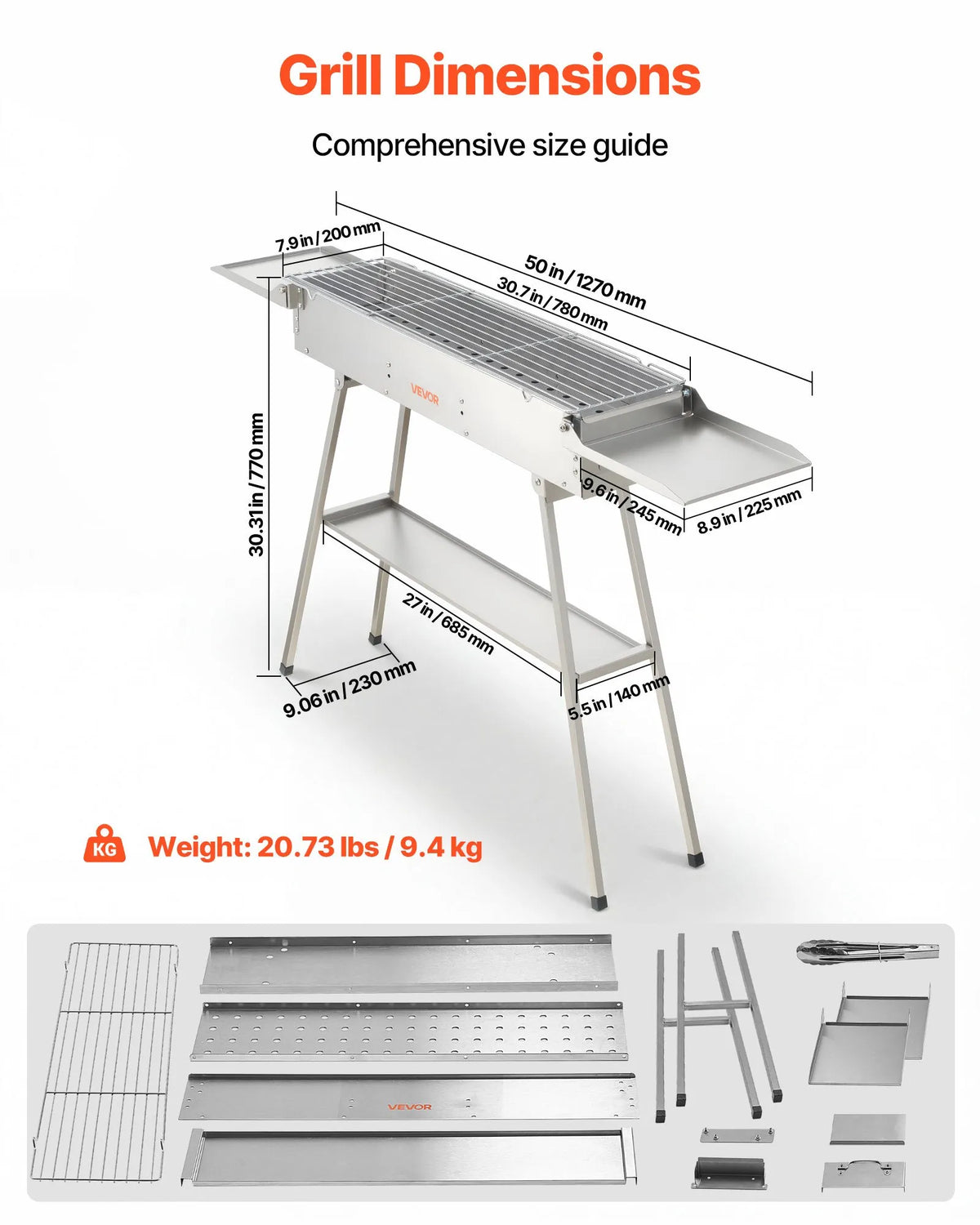 VEVOR Foldable Charcoal Grill, 0.16 m², with a Removable Charcoal Tray and Side Tables; Stainless Steel BBQ Grill for Camping and Outdoor Events