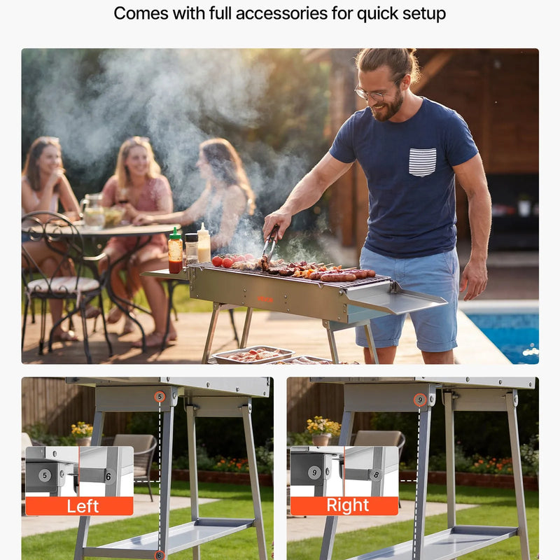 VEVOR salokāms kokogļu grils 0,16 m² ar paceļamu kokogļu paplāti un sānu galdiņiem, nerūsējošā tērauda BBQ grils kempingam un āra pasākumiem