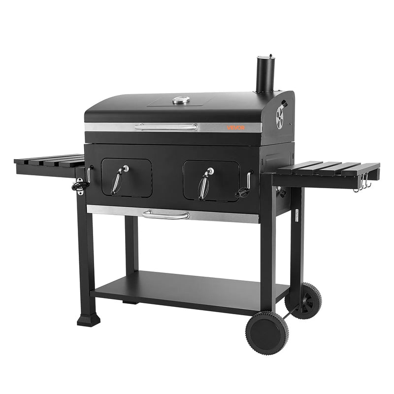VEVOR kokogļu grils 0,5 m² ar 2 paceļamām kokogļu paplātēm un salokāmiem sānu galdiņiem, tērauda BBQ grils ar karstumizturīgu pulverkrāsas pārklājumu dārzam un terasei