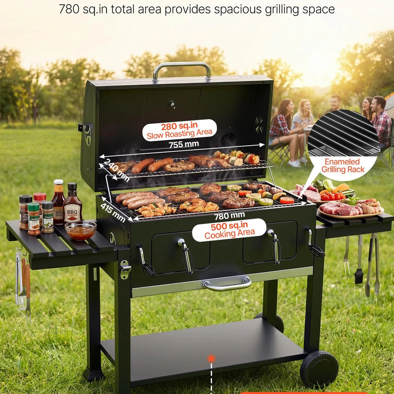 VEVOR kokogļu grils 0,5 m² ar 2 paceļamām kokogļu paplātēm un salokāmiem sānu galdiņiem, tērauda BBQ grils ar karstumizturīgu pulverkrāsas pārklājumu dārzam un terasei