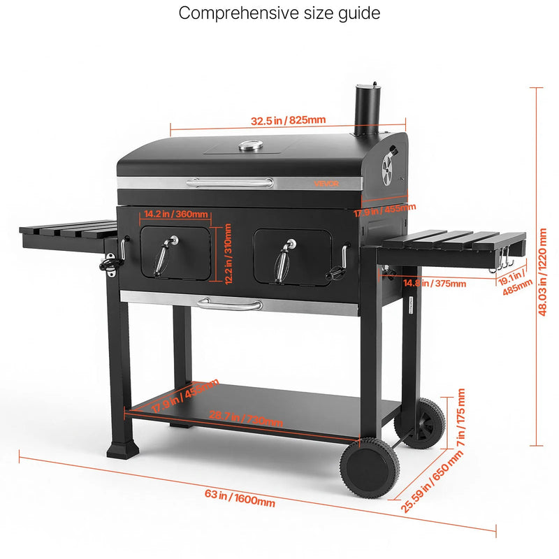 VEVOR kokogļu grils 0,5 m² ar 2 paceļamām kokogļu paplātēm un salokāmiem sānu galdiņiem, tērauda BBQ grils ar karstumizturīgu pulverkrāsas pārklājumu dārzam un terasei