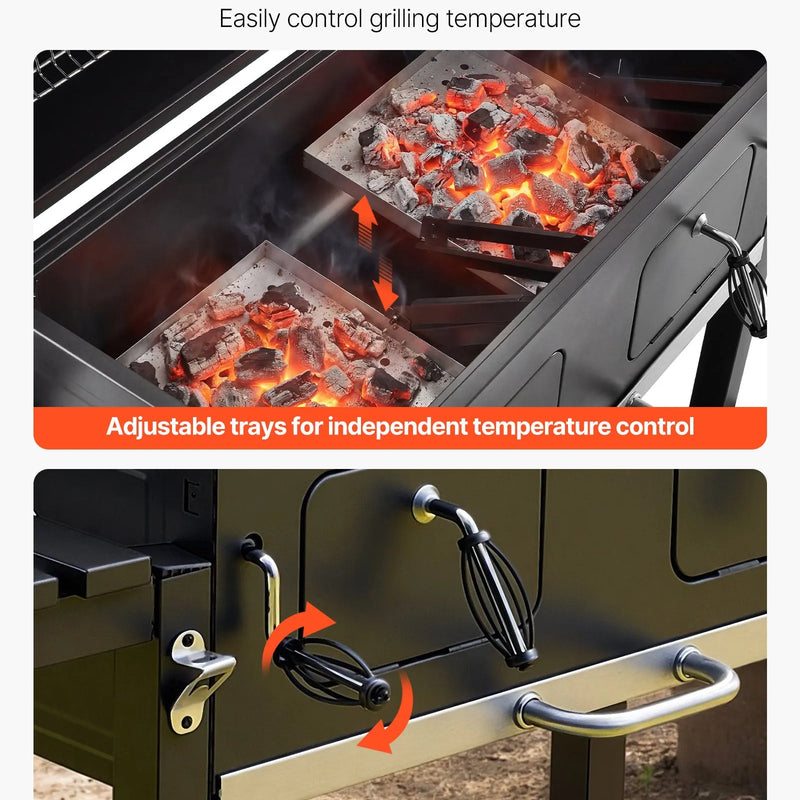 VEVOR kokogļu grils 0,5 m² ar 2 paceļamām kokogļu paplātēm un salokāmiem sānu galdiņiem, tērauda BBQ grils ar karstumizturīgu pulverkrāsas pārklājumu dārzam un terasei