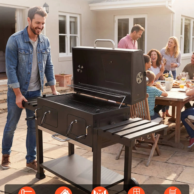 VEVOR kokogļu grils 0,5 m² ar 2 paceļamām kokogļu paplātēm un salokāmiem sānu galdiņiem, tērauda BBQ grils ar karstumizturīgu pulverkrāsas pārklājumu dārzam un terasei