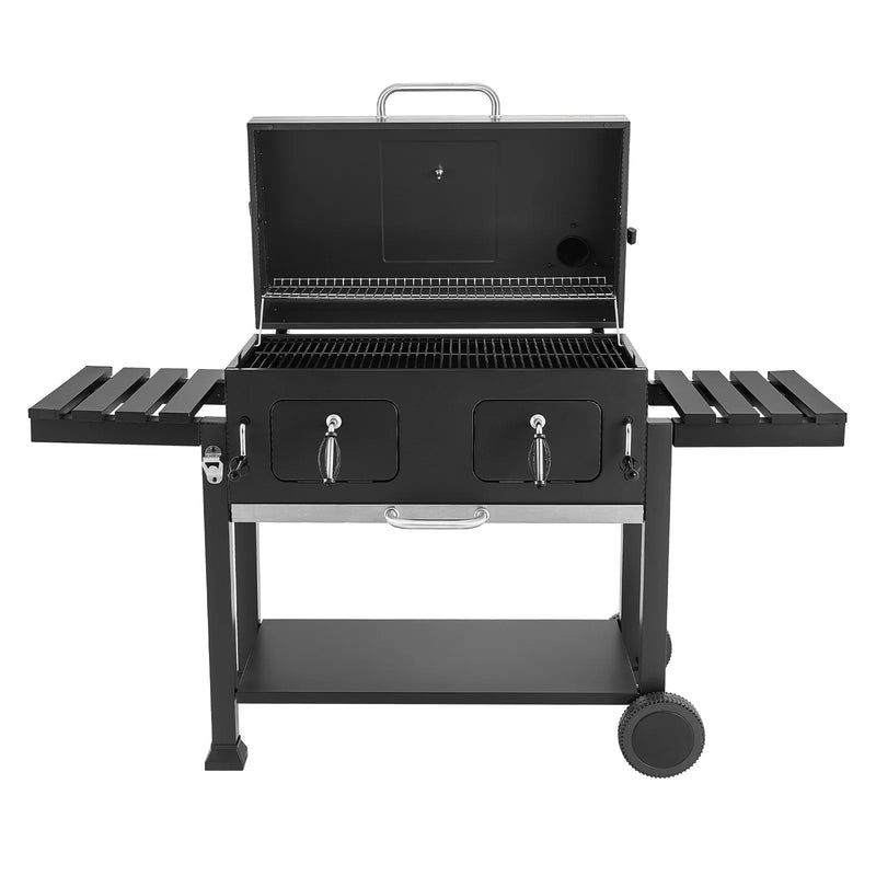 VEVOR kokogļu grils 0,5 m² ar 2 paceļamām kokogļu paplātēm un salokāmiem sānu galdiņiem, tērauda BBQ grils ar karstumizturīgu pulverkrāsas pārklājumu dārzam un terasei