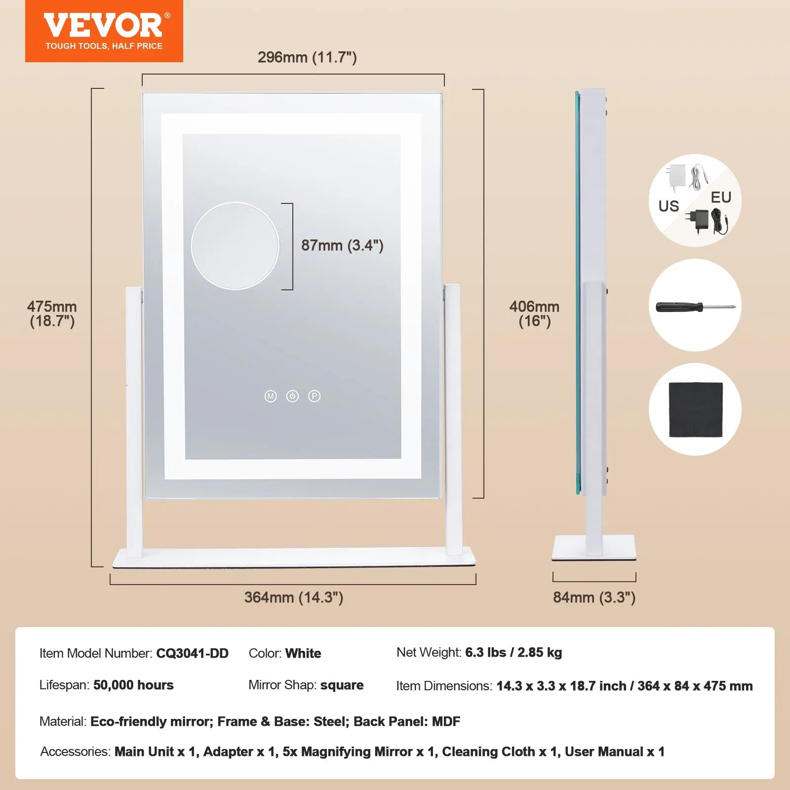 VEVOR LED grima spogulis ar apgaismojumu, 3 gaismas režīmiem, 5× palielinājuma spoguli, skārienvadību un 360° rotāciju (41 × 30 cm, balts)