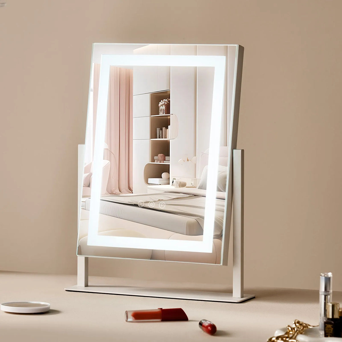 VEVOR LED grima spogulis ar apgaismojumu, 3 gaismas režīmiem, 5× palielinājuma spoguli, skārienvadību un 360° rotāciju (41 × 30 cm, balts)