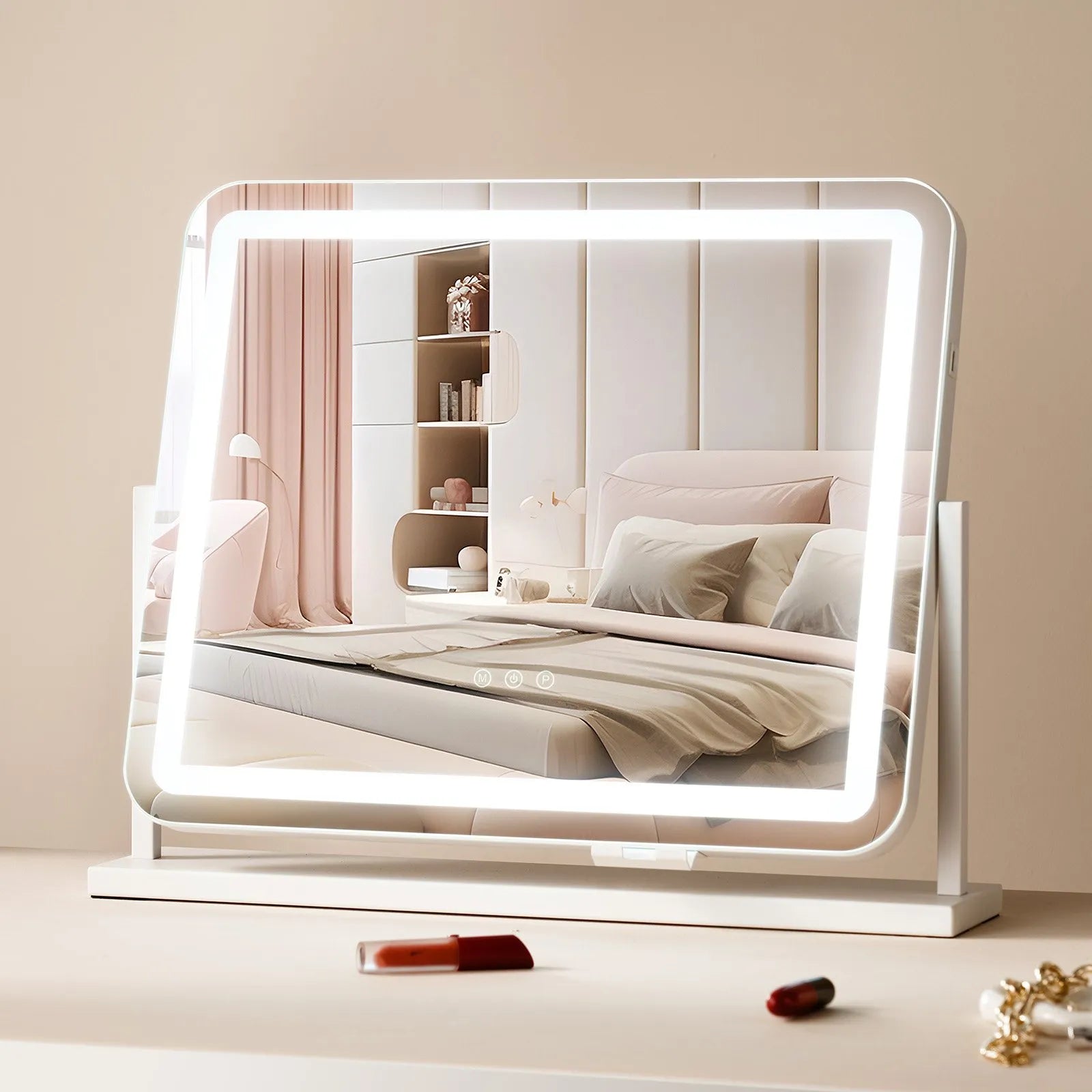 VEVOR LED grima spogulis ar apgaismojumu, 3 gaismas režīmiem, 5× palielinājumu, USB pieslēgvietu, skārienvadību un 360° rotāciju (55 × 45 cm, balts)