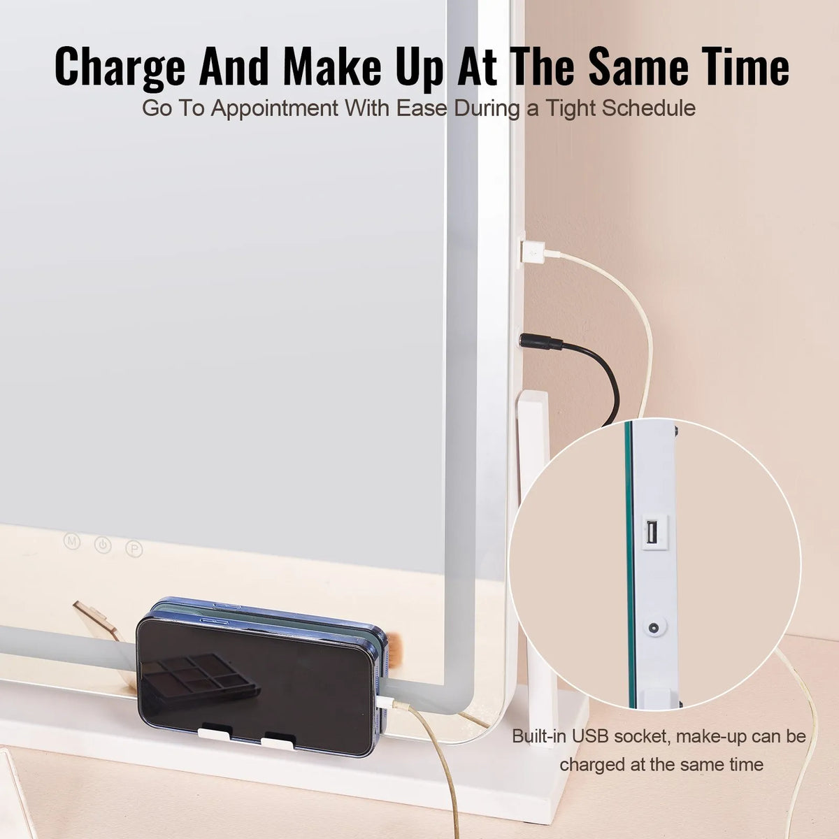 VEVOR LED grima spogulis ar apgaismojumu, 3 gaismas režīmiem, 5× palielinājumu, USB pieslēgvietu, skārienvadību un 360° rotāciju (55 × 45 cm, balts)