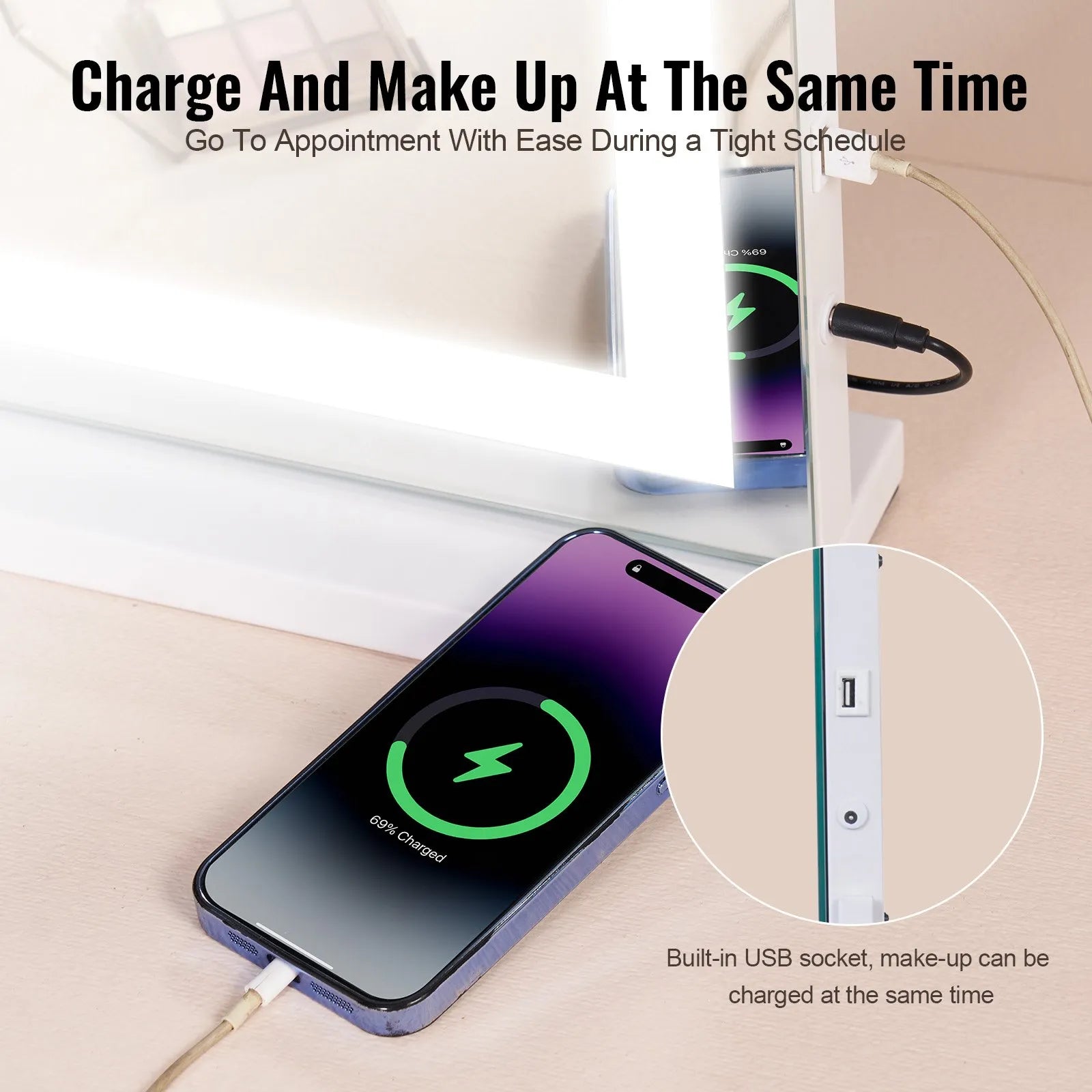VEVOR grima spogulis ar apgaismojumu, 3 krāsu režīmiem un USB, galda vai sienas stiprinājums, 80 × 55,1 cm