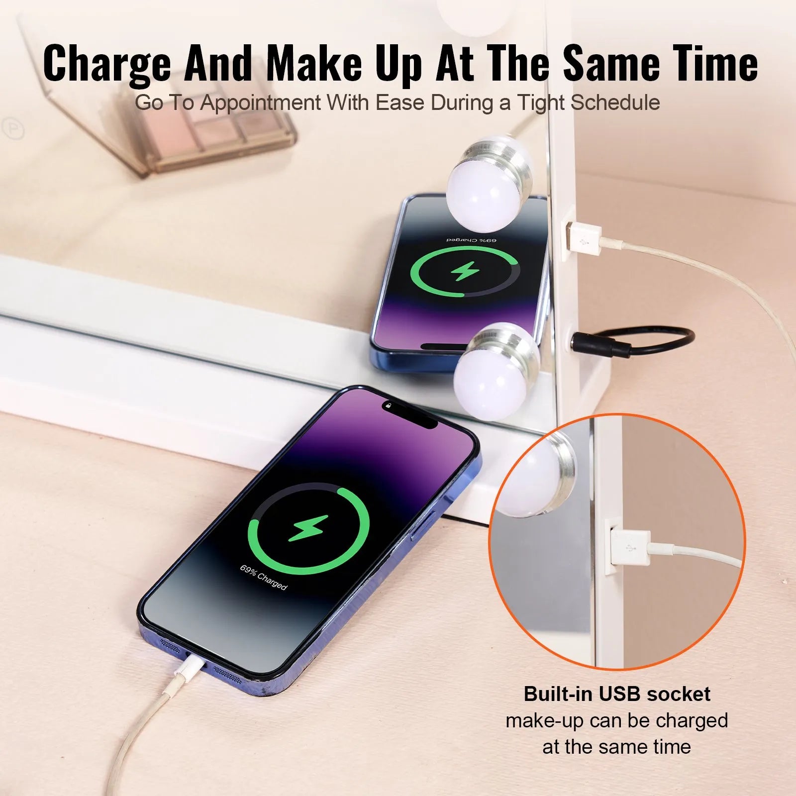 VEVOR Holivudas tualetes spogulis ar apgaismojumu un USB, galda vai sienas stiprinājums, 58 × 46 cm