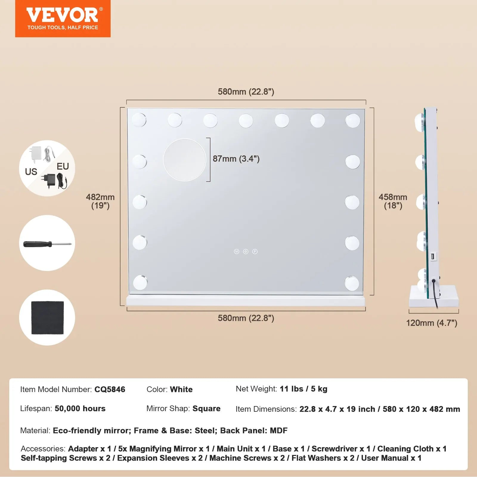 VEVOR Holivudas tualetes spogulis ar apgaismojumu un USB, galda vai sienas stiprinājums, 58 × 46 cm